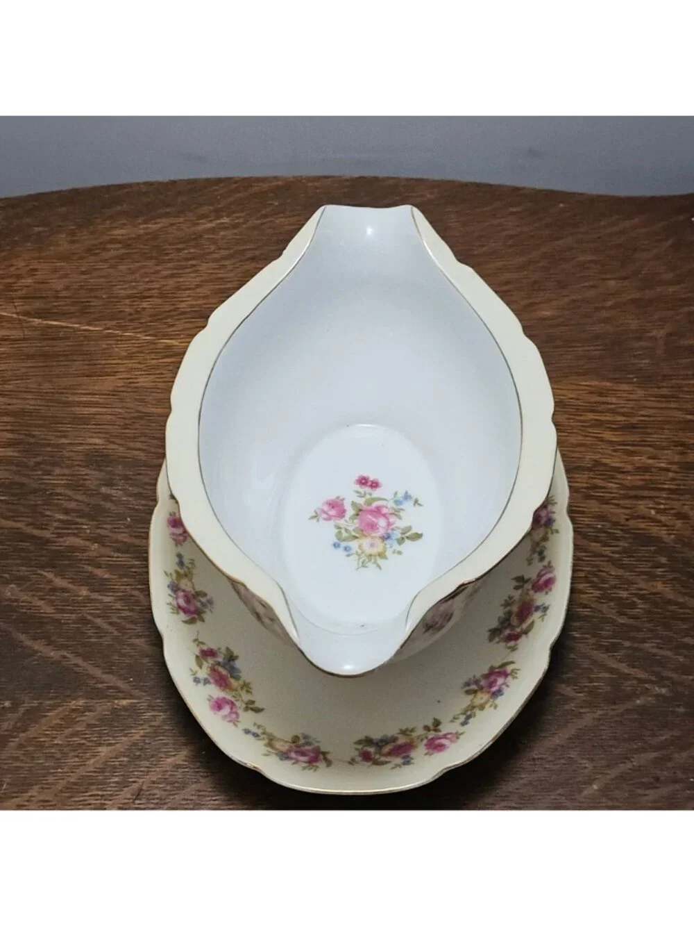 Gold Castle Hostess Gravy Boat 40s Occupied Japan vtg floral cabbage rose gold